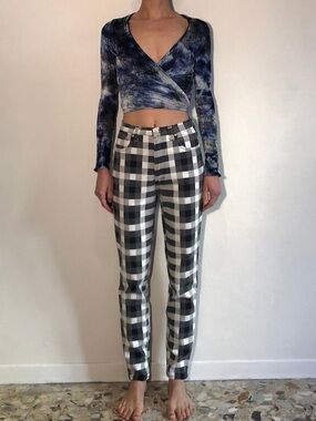 90s Versace Jeans Couture Black And White Plaid Super Model Stretch Jeans
